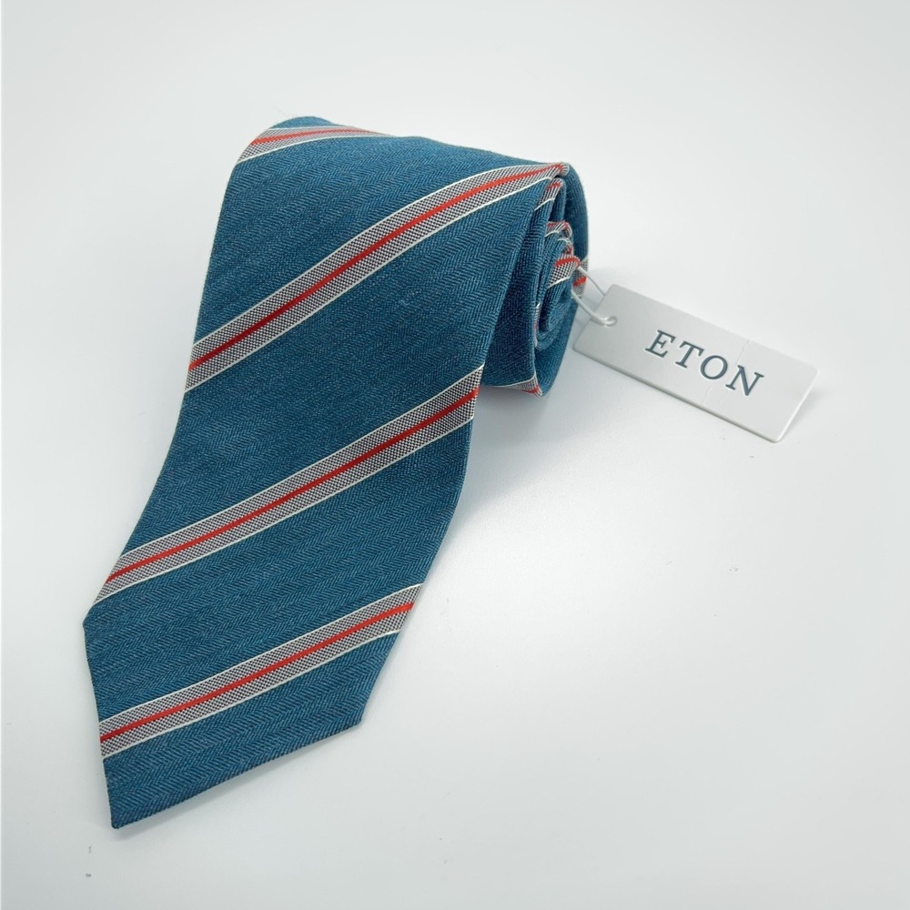 Eton Tie Mens One Size Blue Red‎ Striped Wool Silk Made In Italy Necktie NWT